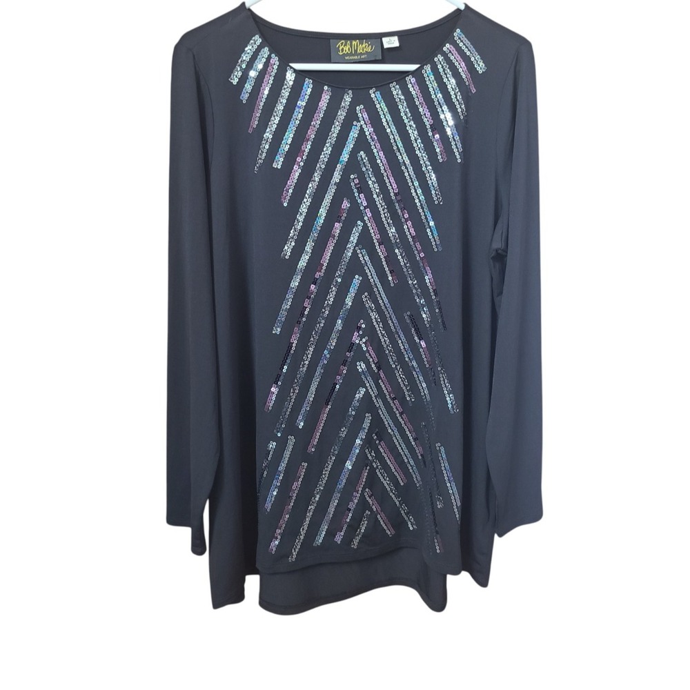Bob Mackie Wearable Art Black Sequined Blouse Shirt Size Large